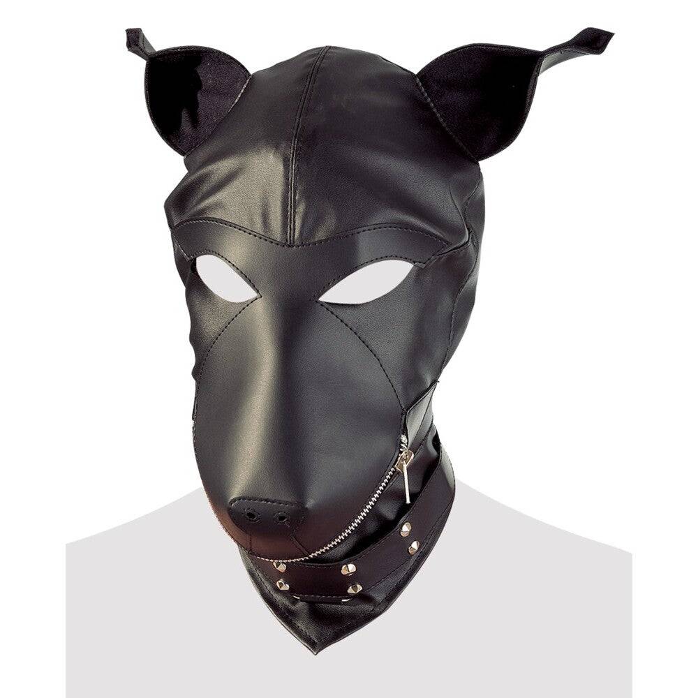 Fetish Collection faux leather dog mask with adjustable straps and detailed stitching, designed for playful pet enthusiasts.