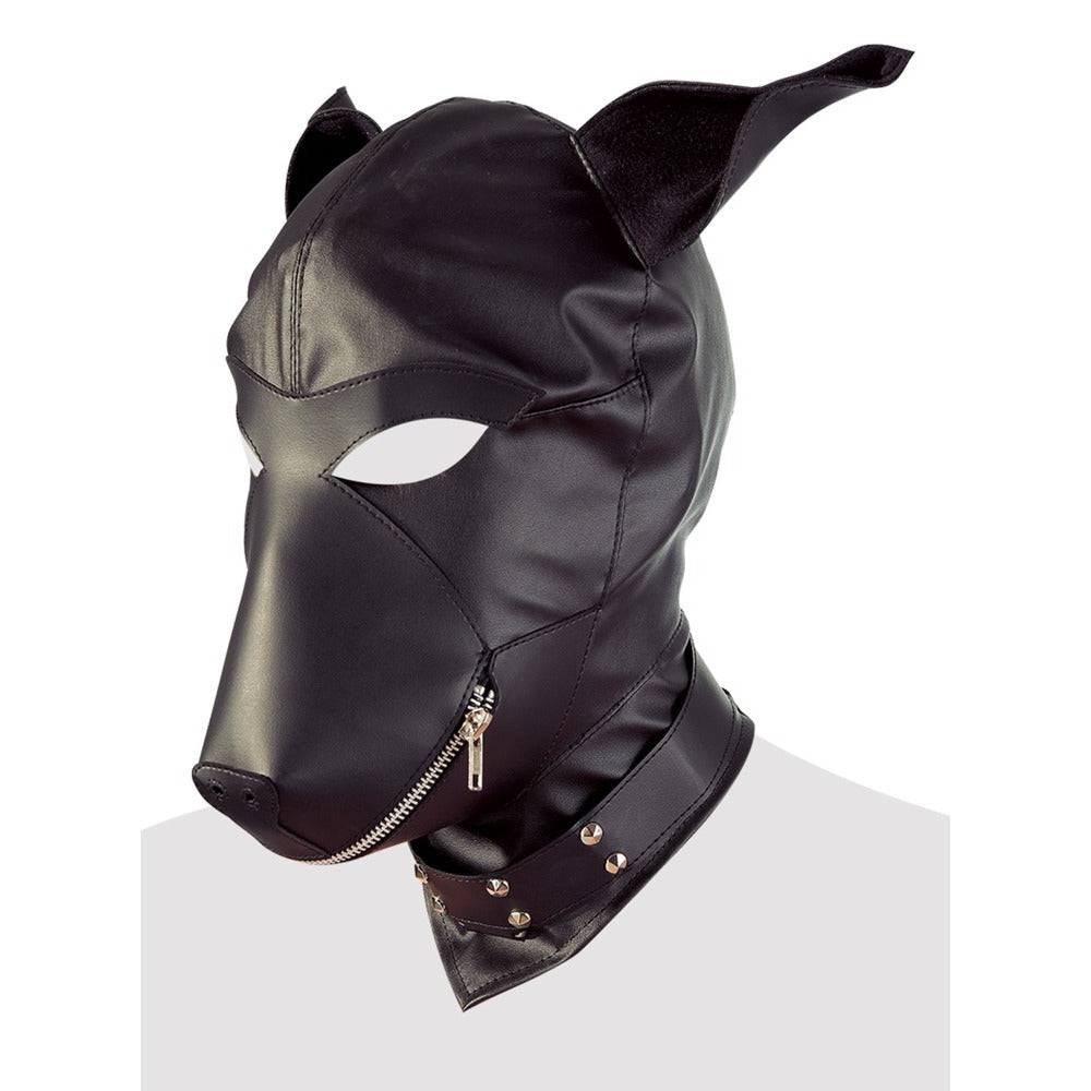 Fetish Collection faux leather dog mask with adjustable straps and detailed stitching, designed for playful pet enthusiasts.