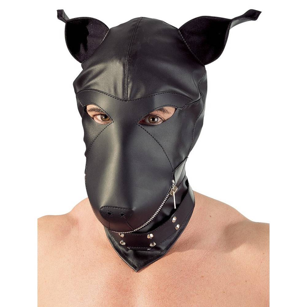 Fetish Collection faux leather dog mask with adjustable straps and eye openings for a unique costume accessory.