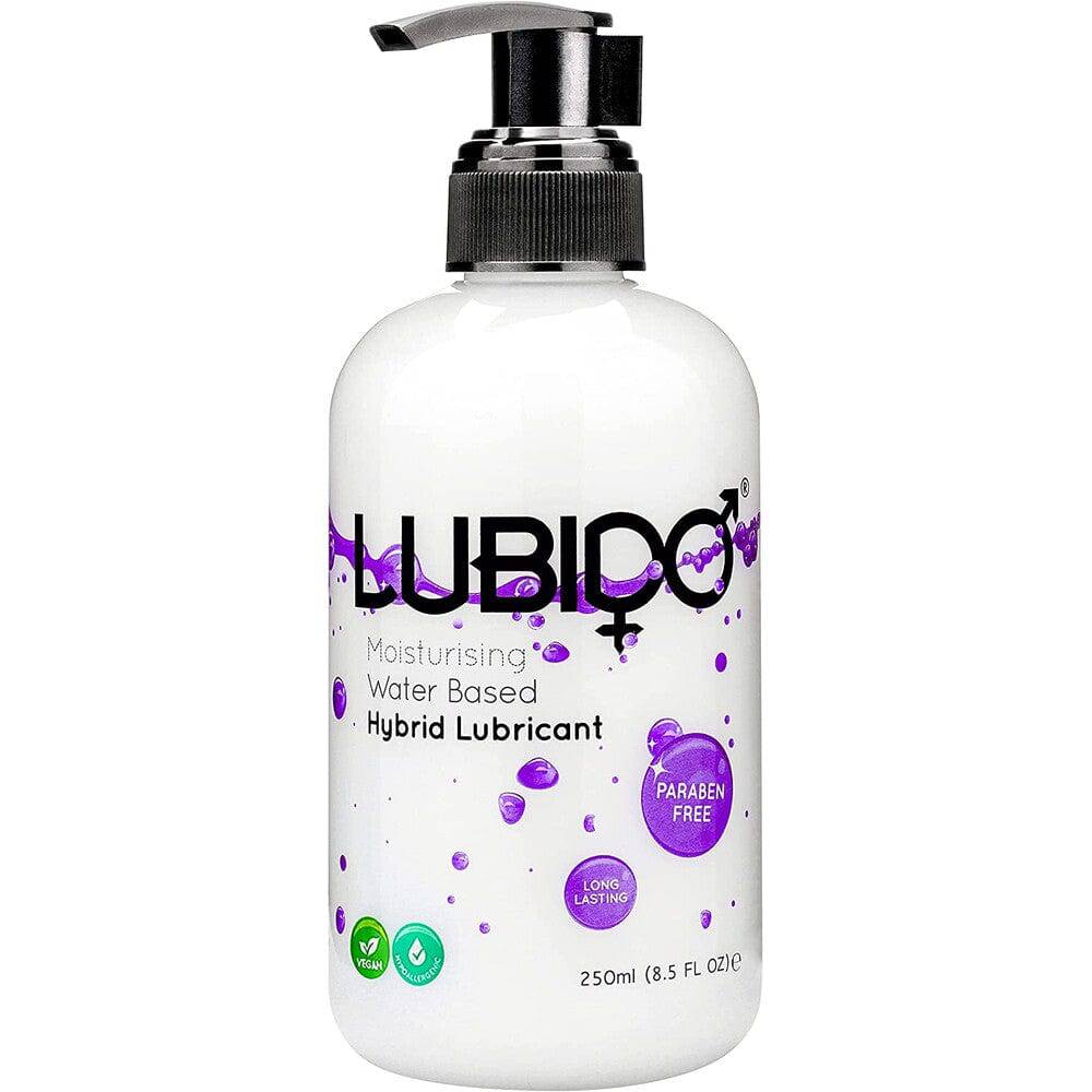 Lubido HYBRID 250ml paraben-free water-based lubricant in a clear bottle with a sleek design.