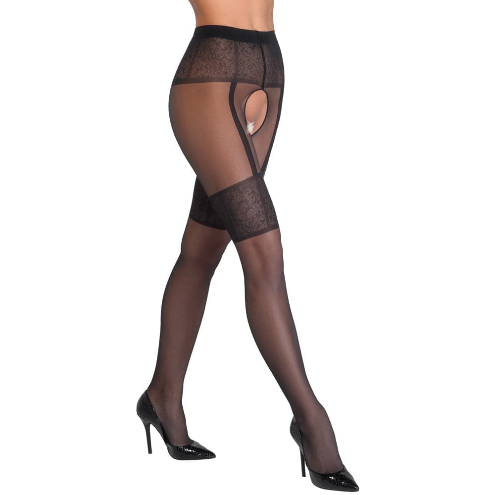 Cottelli Collection strumpbyxor utan gren, featuring sheer fabric and an open-crotch design for a seductive look.