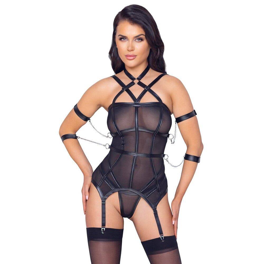 Cottelli Collection bondage basque and string set featuring lace details and adjustable straps in black.