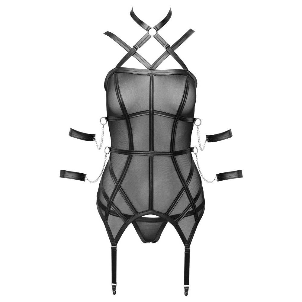 Cottelli Collection bondage basque with matching string, featuring lace detailing and adjustable straps.