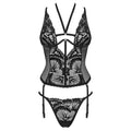 Black lace Obsessive Alessya corset with intricate detailing and adjustable straps for a flattering silhouette.