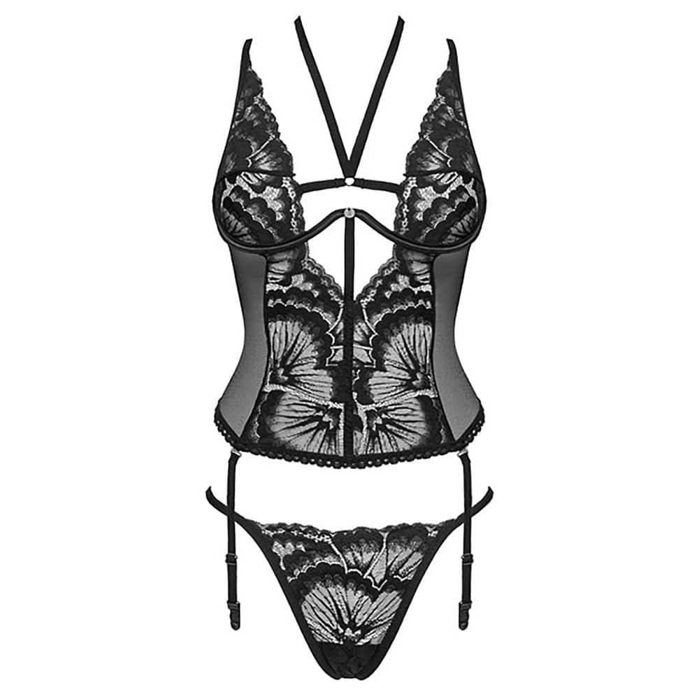 Black lace Obsessive Alessya corset with intricate detailing and adjustable straps for a flattering silhouette.