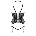 Black lace Obsessive Alessya corset with intricate detailing and adjustable straps, showcasing a fitted silhouette.