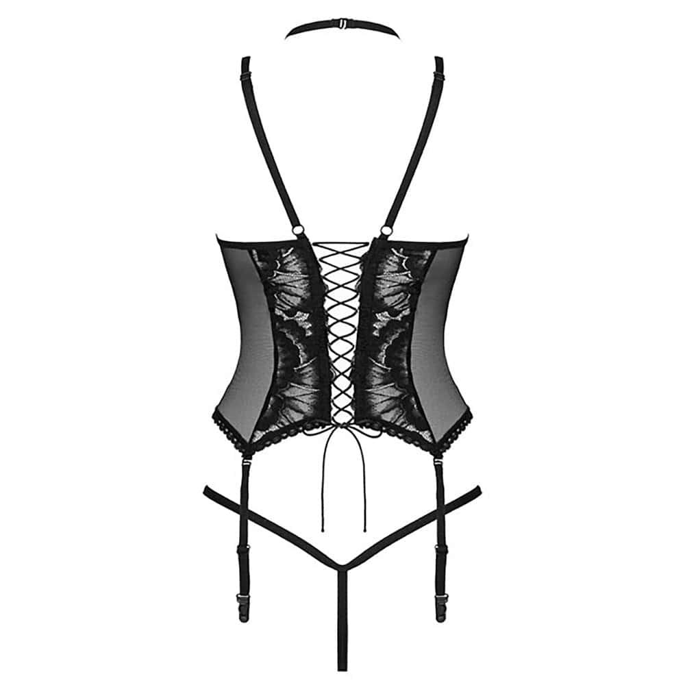 Black lace Obsessive Alessya corset with intricate detailing and adjustable straps, showcasing a fitted silhouette.