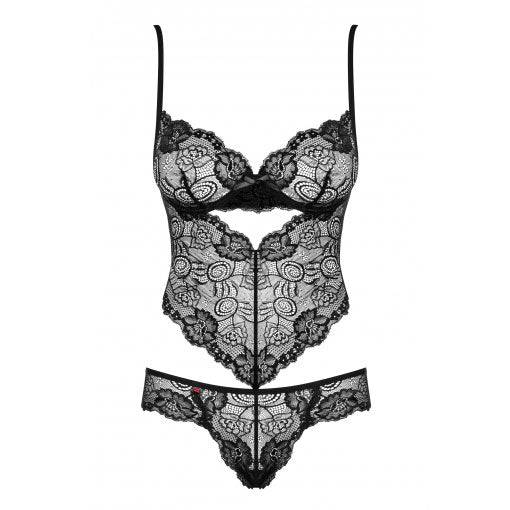 Black lace Obsessive Alluria teddy with underwire and intricate detailing, showcasing a sultry design and flattering fit.