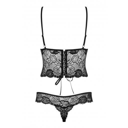 Black lace Obsessive Alluria teddy with underwire, featuring delicate floral patterns and adjustable straps.