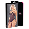 Cottelli Collection crotchless peek-a-boo body featuring sheer lace and adjustable straps in black.