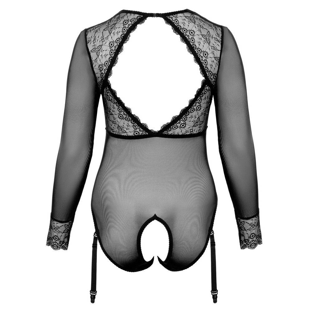 Cottelli Collection long-sleeve bodysuit with an open-crotch design, showcasing lace details and a fitted silhouette.