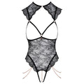 Abierta Fina open lace body featuring intricate lace detailing and adjustable straps in black.