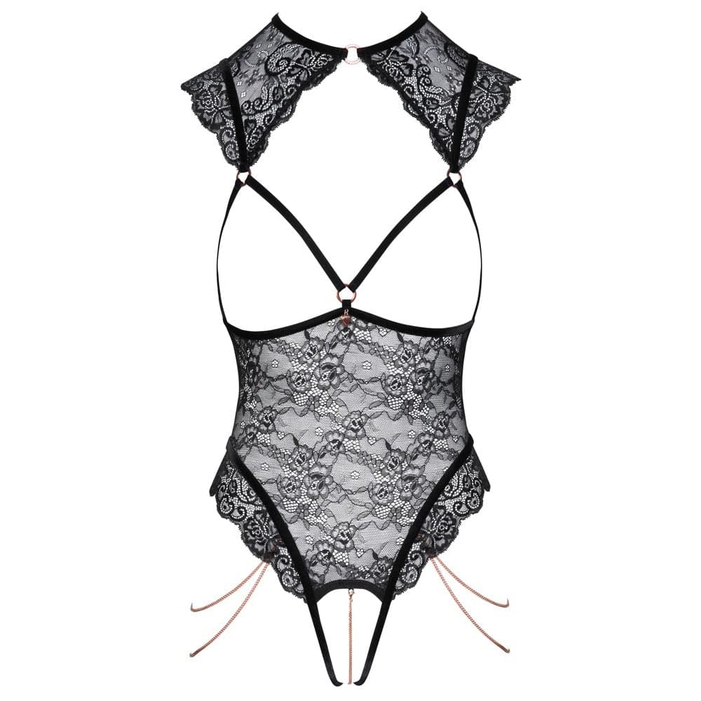 Abierta Fina open lace body featuring intricate lace detailing and adjustable straps in black.