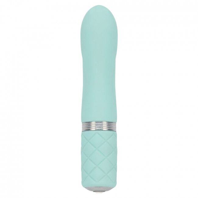 Pillow Talk Flirty teal rechargeable bullet vibrator by BMS Enterprises, showcasing sleek design and elegant color.