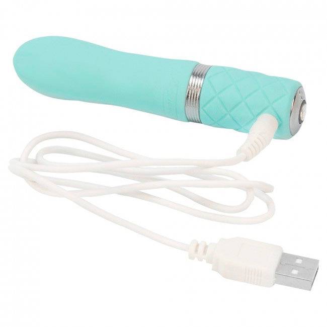 Teal Pillow Talk Flirty rechargeable bullet by BMS Enterprises, featuring a sleek design and compact size for discreet use.
