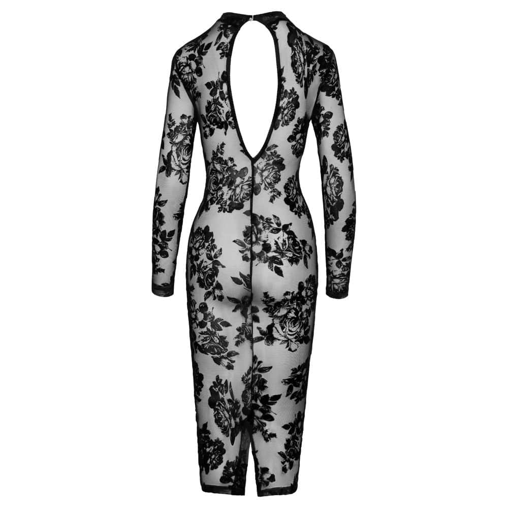 Noir tight-fitting floral transparent dress featuring delicate patterns and a sleek silhouette.