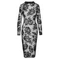Noir tight fitting floral transparent dress with intricate patterns and elegant silhouette on a model.