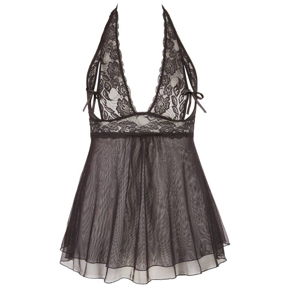 Cottelli Plus Size black halterneck babydoll with sheer fabric and lace detailing, showcasing a flattering silhouette.