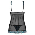 Black Obsessive babydoll with open front and string detailing, showcasing a delicate lace design and adjustable straps.