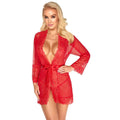 Kissable red kimono with a flowing design and elegant fabric draped on a mannequin.