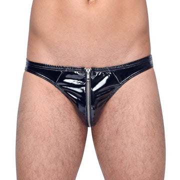 Black Level black vinyl briefs with zipper detail, showcasing a sleek and shiny design for a bold look.