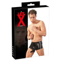 Black LateX boxershorts with penis pouch, featuring a sleek design and comfortable fit for everyday wear.