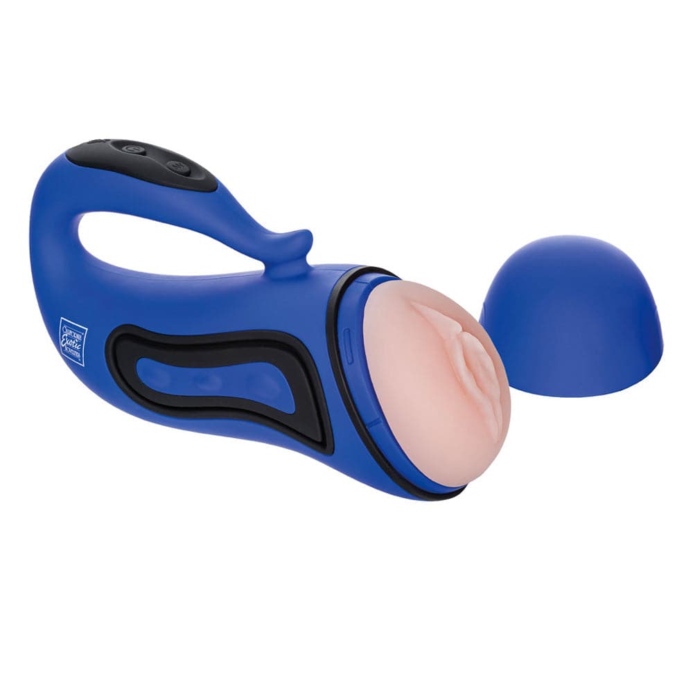 California Exotic Apollo Alpha Stroker 2 rechargeable blue masturbator with textured design and ergonomic shape.