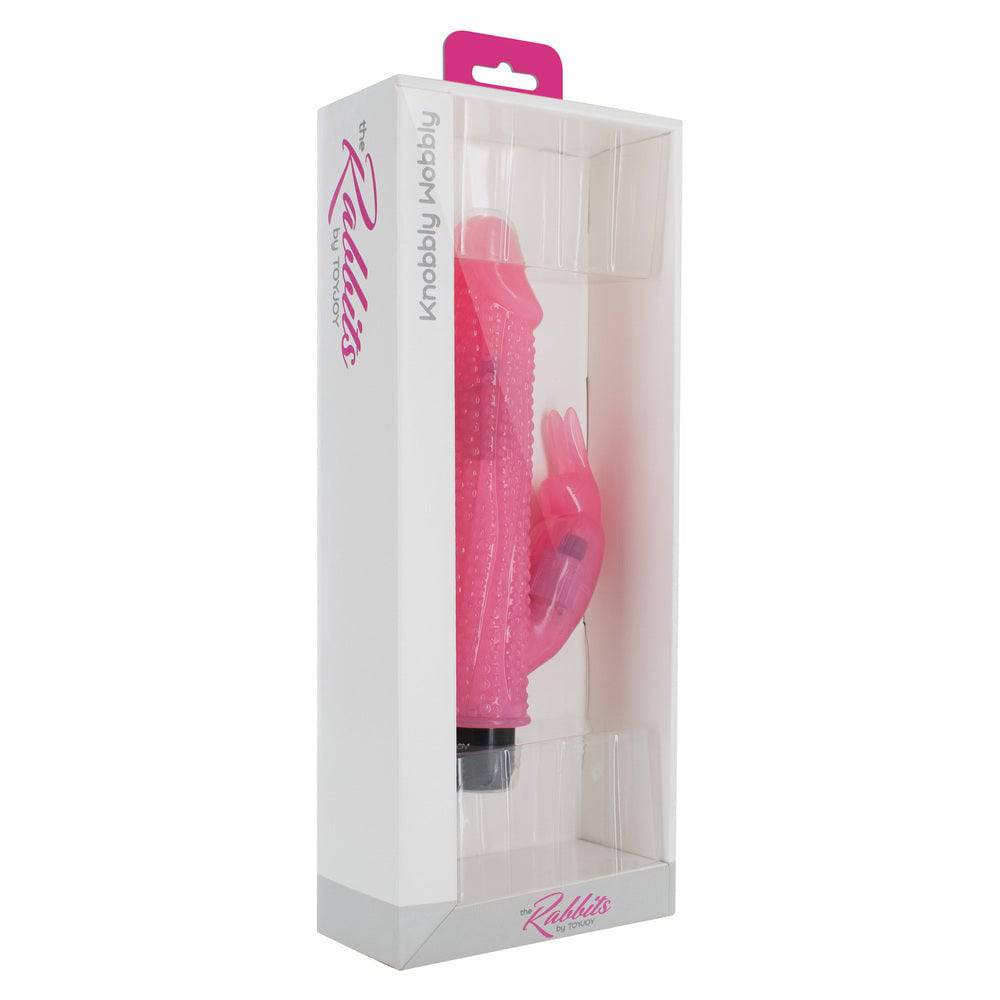 ToyJoy Knobbly Wobbly Rabbit Vibrator in vibrant colors, featuring textured design and dual stimulation features.