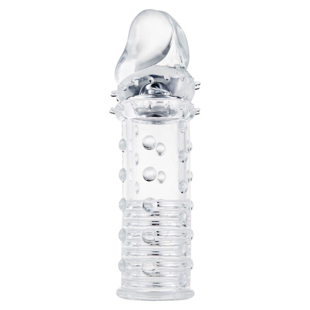 Clear ToyJoy Power Stud Sleeve with textured surface for enhanced pleasure, showcasing flexible silicone design.