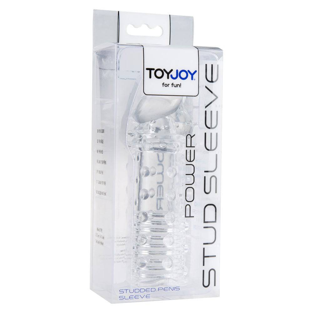 Clear ToyJoy Power Stud Sleeve with textured surface for enhanced pleasure, showcasing flexible silicone design.