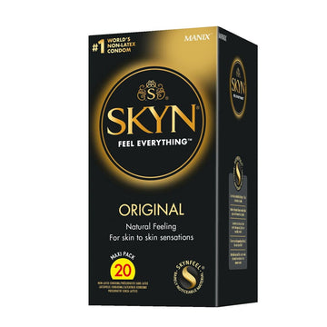 SKYN Original latex-free condoms in a 20-pack, featuring a sleek and discreet packaging design.