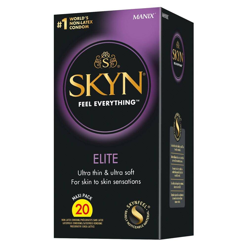 SKYN Elite latex-free condoms 20-pack, featuring sleek packaging and a clear view of the product inside.