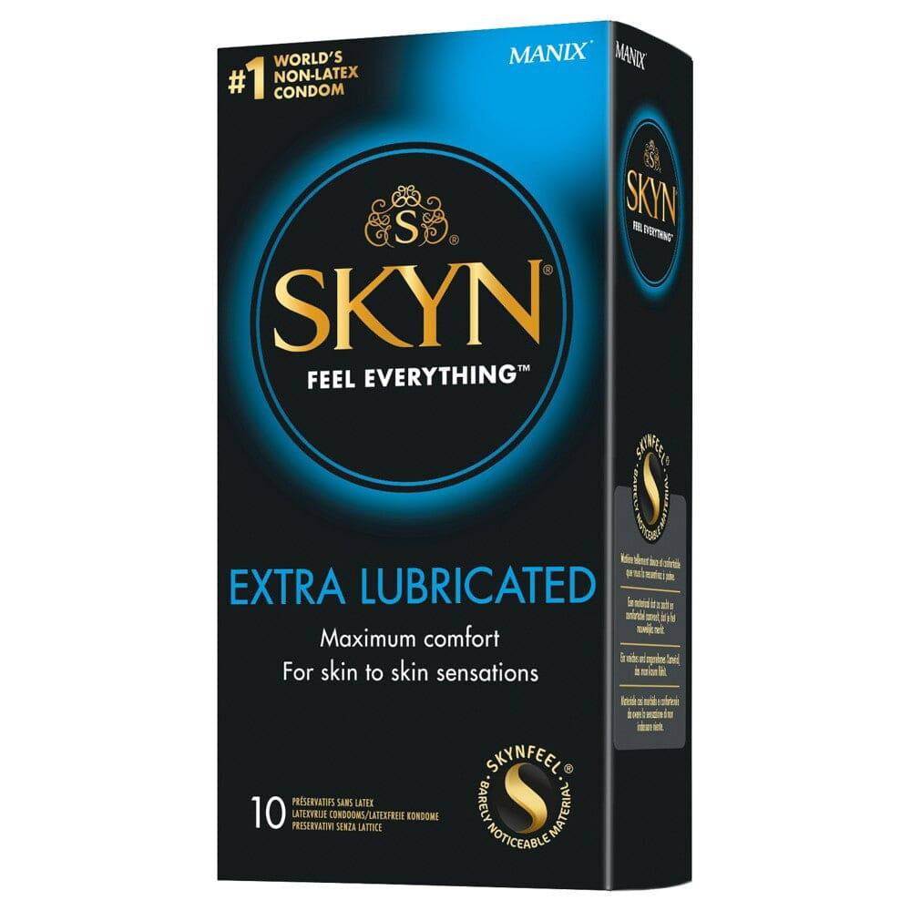 SKYN extra lubricated latex-free condoms in a 10-pack, featuring sleek packaging and clear labeling.