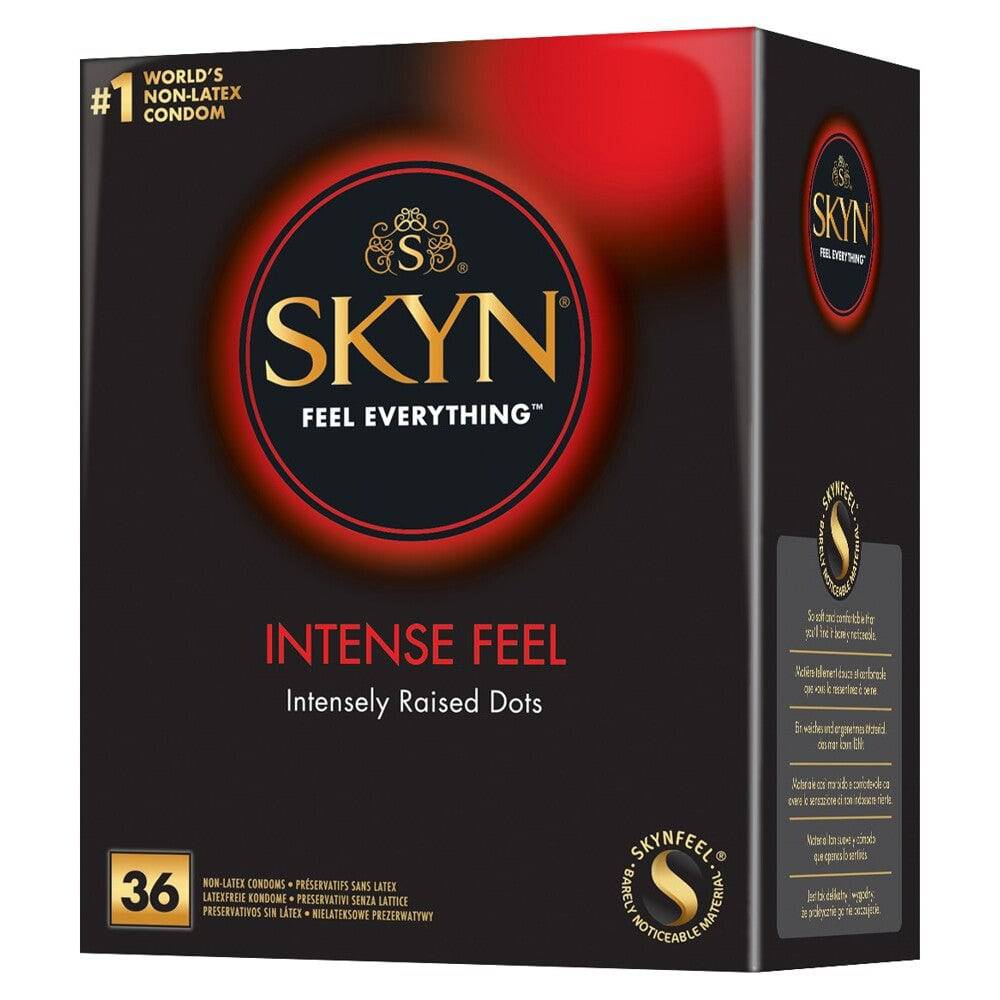 SKYN Intense Feel latex-free condoms 36-pack in sleek packaging, showcasing the product's quality and design.