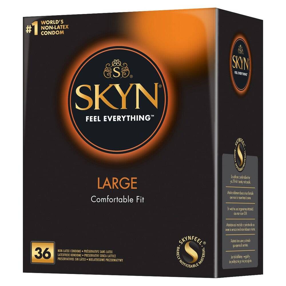 SKYN Large Latex-Free Condoms 36-pack with sleek packaging and clear labeling for safe and comfortable use.