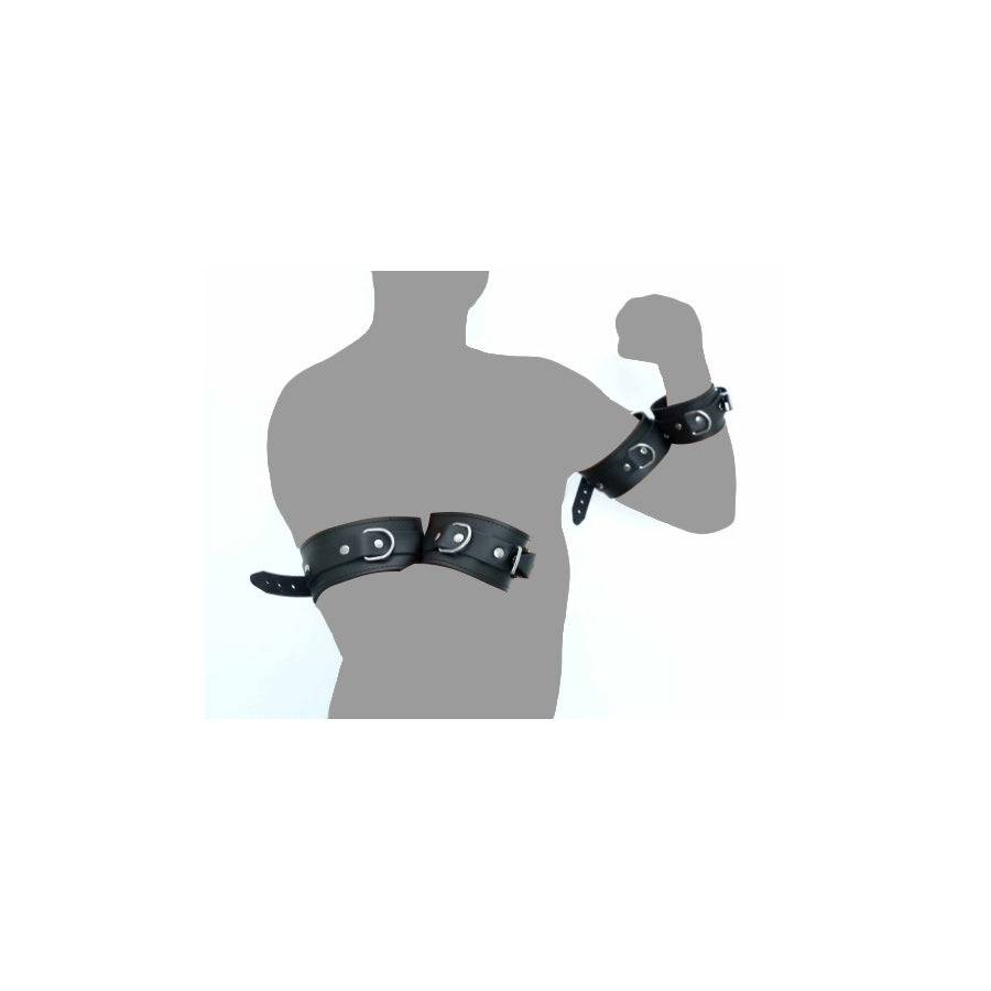 The Red Arm To Forearm leather cuffs in rich red color, showcasing sturdy hardware and a sleek design.