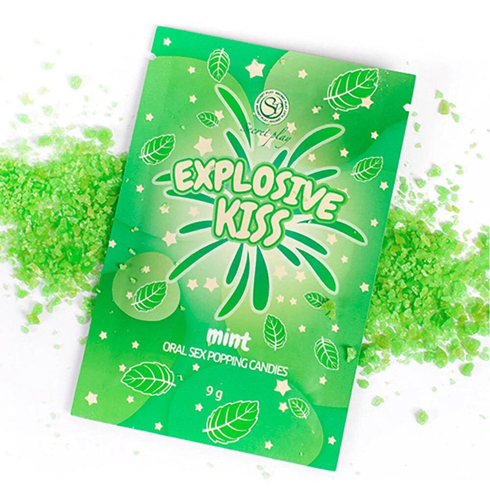 Explosive Kiss Mint Oral SEX Popping Candies pack featuring colorful, popping candies in a 9g container.