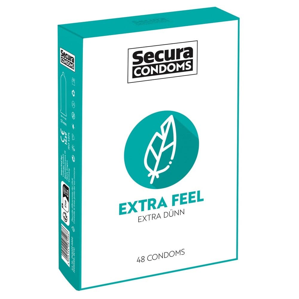 Secura Kondomer 48-pack, featuring extra feel condoms in a sleek, discreet packaging design.