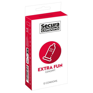 Secura 12-pack Extra Fun condoms with assorted textures and colors for enhanced pleasure and safety.