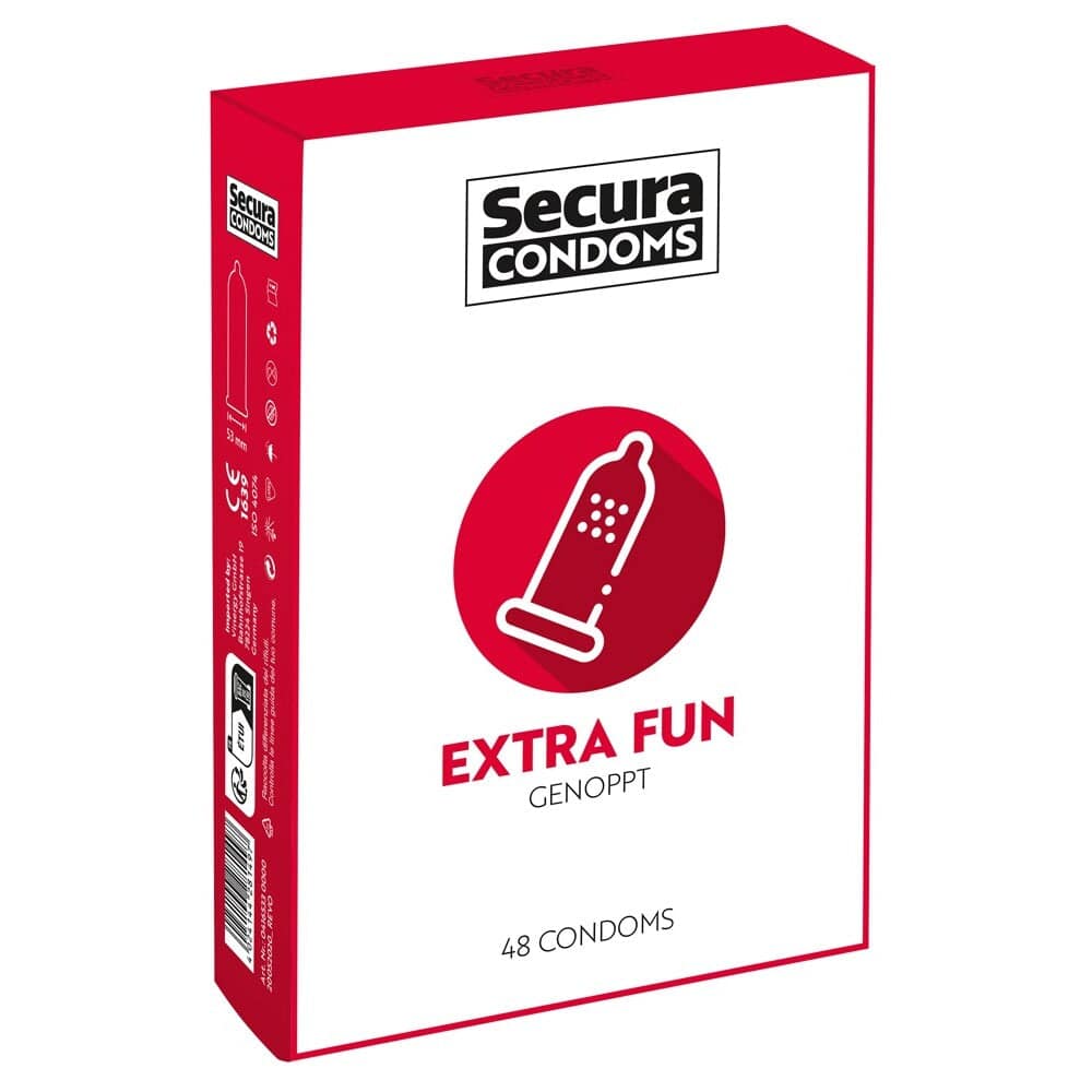 Secura kondomer 48-pack featuring Extra Fun variety, showcasing colorful packaging and a variety of sizes.