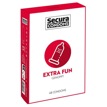 Secura kondomer 48-pack featuring Extra Fun variety, showcasing colorful packaging and a variety of sizes.
