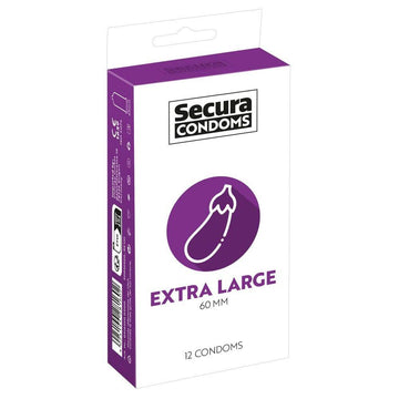 Secura Extra Large Kondomer 12-pack featuring sleek packaging and detailed product information visible.