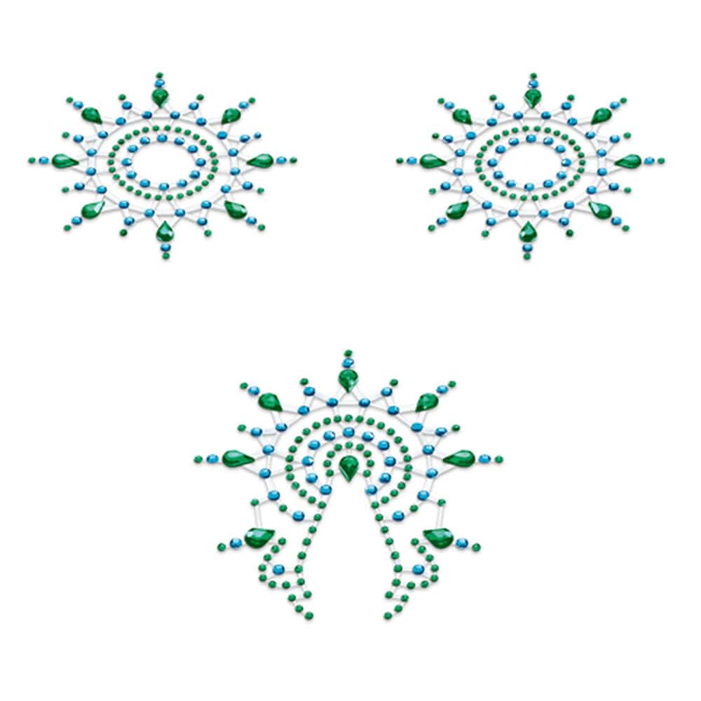 Petits JouJoux Little Toys Gloria green nipple and vagina pasties displayed on a smooth surface.