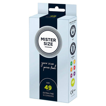Mister Size 49mm Your Size Pure Feel kondomer 10-pack in sleek packaging with visible product details.