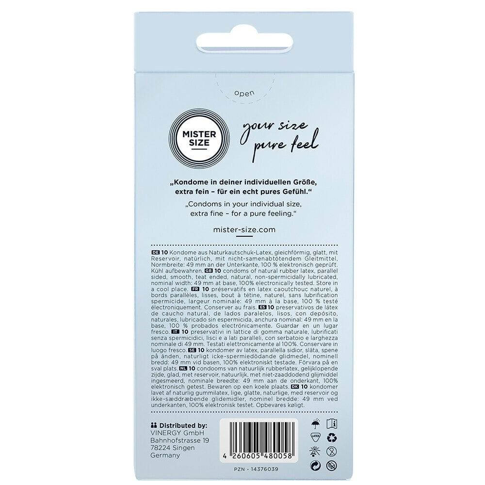 Mister Size 49mm Your Size Pure Feel condom 10-pack with sleek packaging and clear labeling.