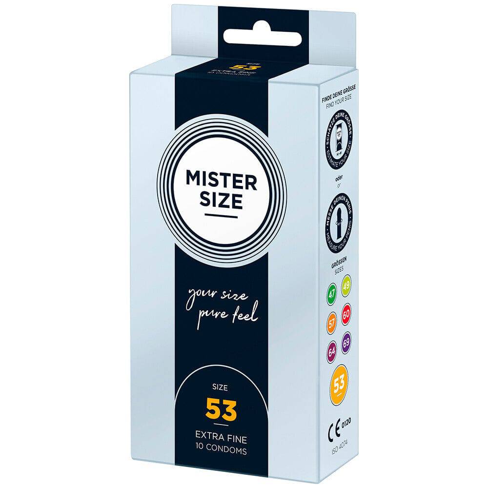 Mister Size 53mm Your Size Pure Feel condoms in a 10-pack, featuring sleek packaging and clear label design.