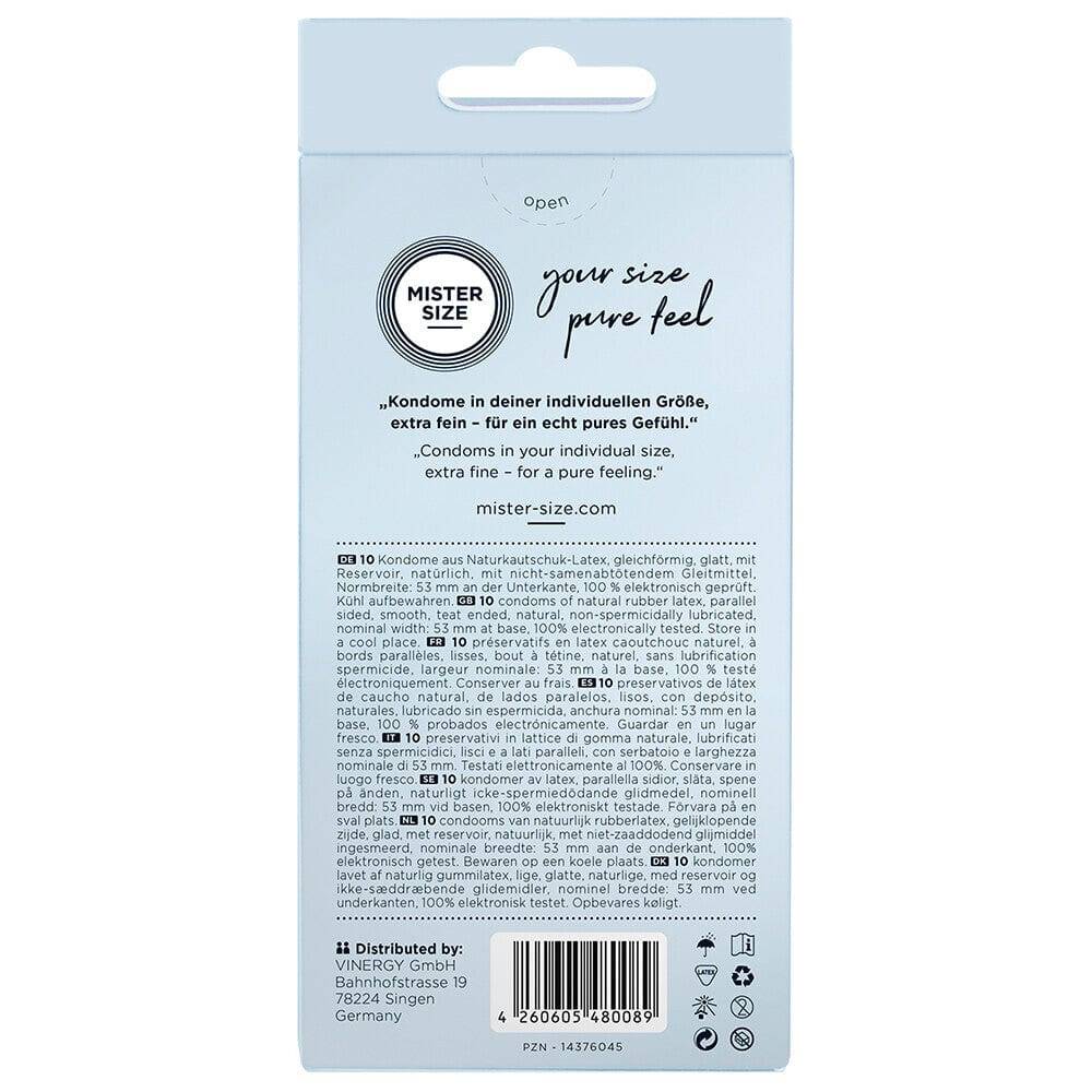 Mister Size 53mm Your Size Pure Feel condoms in a 10-pack, featuring sleek packaging and clear label design.