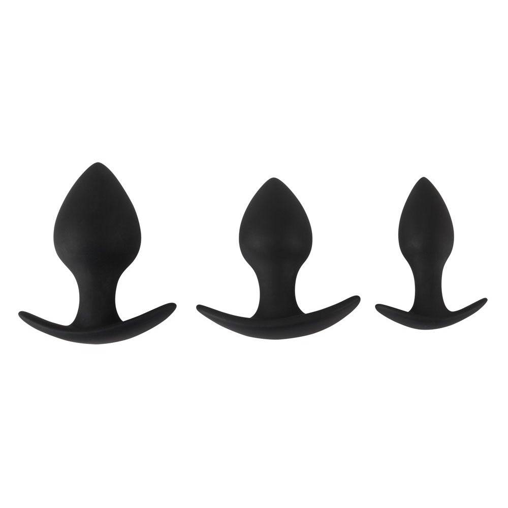 Black velvet silicone anal training set with three pieces, featuring varying sizes and smooth textures for comfort.