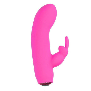 PowerBullet Alices Bunny silicone rechargeable rabbit vibrator in soft pink with curved design and textured surface.