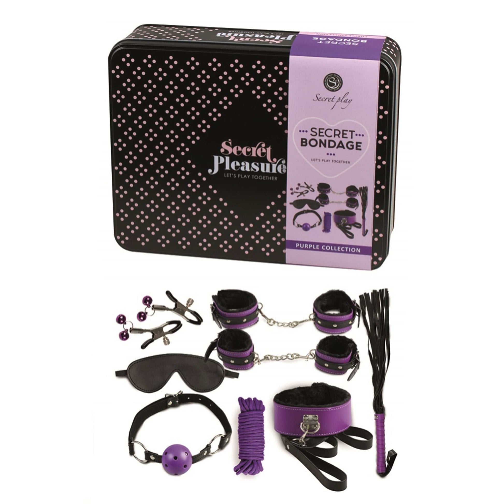 Secret Bondage Kit in black and purple featuring various accessories for playful exploration.